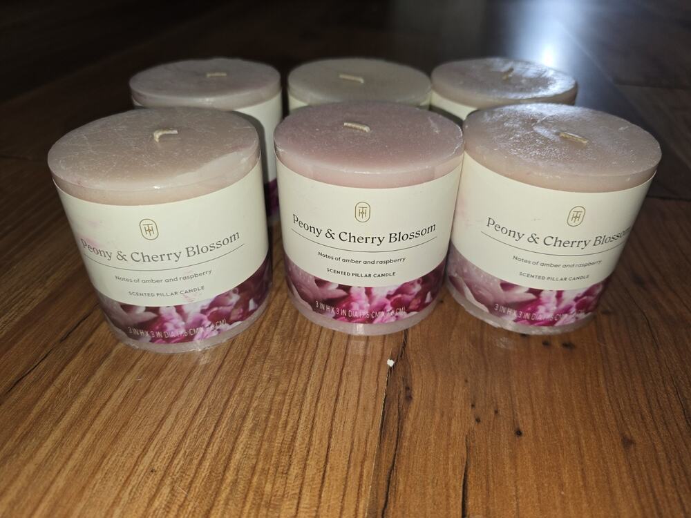 6 Peony & Cherry Blossom Candles 3x3x7.6 Single Wicks Candles - Picture 1 of 5